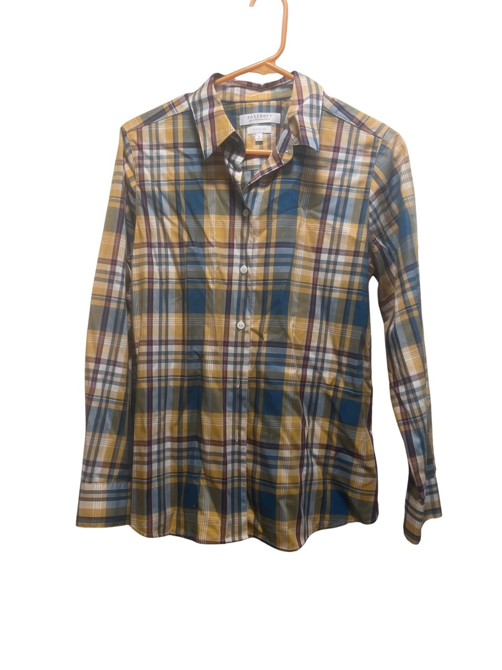 Foxcroft Blue and Yellow Plaid Cotton Button-Down (Bin  1-34)